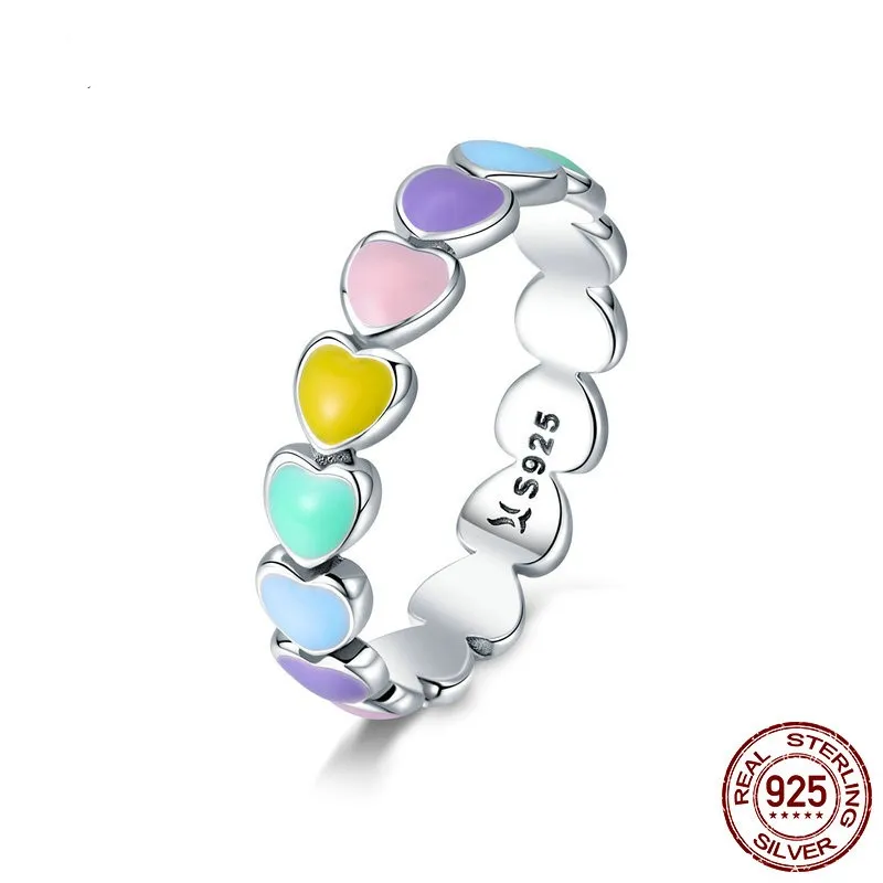 

BAMOER Authentic 925 Sterling Silver Stackable Rainbow Heart Finger Rings for Women Wedding Engagement Ring Jewelry Anel SCR444, Same as picture