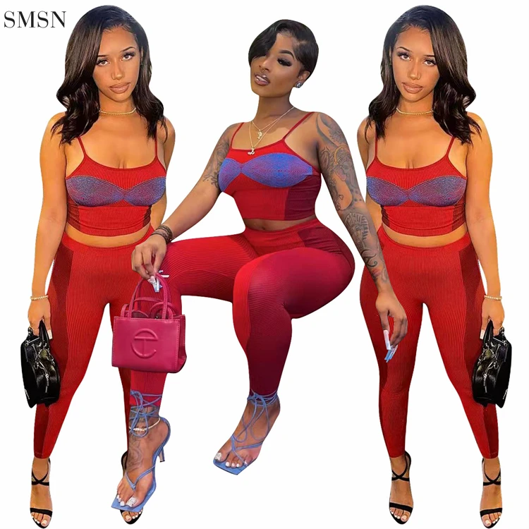 

Sexy Rib Spaghetti Strap Crop Top 2 Piece Set Women Sets Two Piece Two Piece Pants Set Women