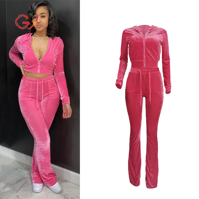 

GX8527 Women Velvet Fall Clothing Hooded Sweatsuits Top and Wide Leg Pant Matching Suits 2 Two Piece Set Velour Tracksuits