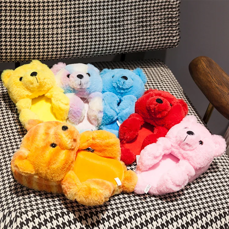 

2021 Wholesale Comfy Soft Full Custom Cheap Colors Mommy  Baby Plush Fluffy Black Teddybear Kids Teddy Bear Slippers