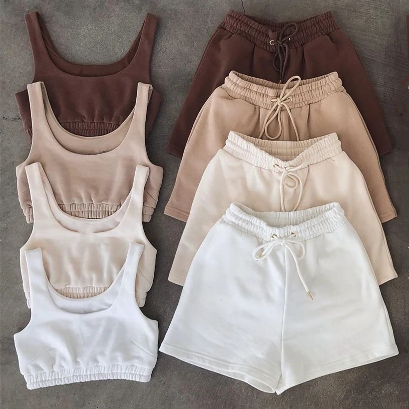 

2021 New Spring Summer Women Custom Logo 2 Pieces Set Crewneck Crop Top And High Waist Drawstring Shorts Jogging Outfit