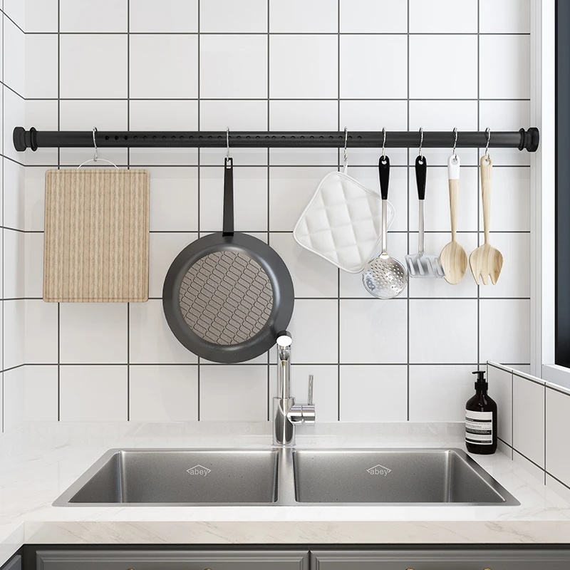 

Home durable adjustable kitchen self storage steel custom spring load curtain rod no drilling storage holder rack organizer tool