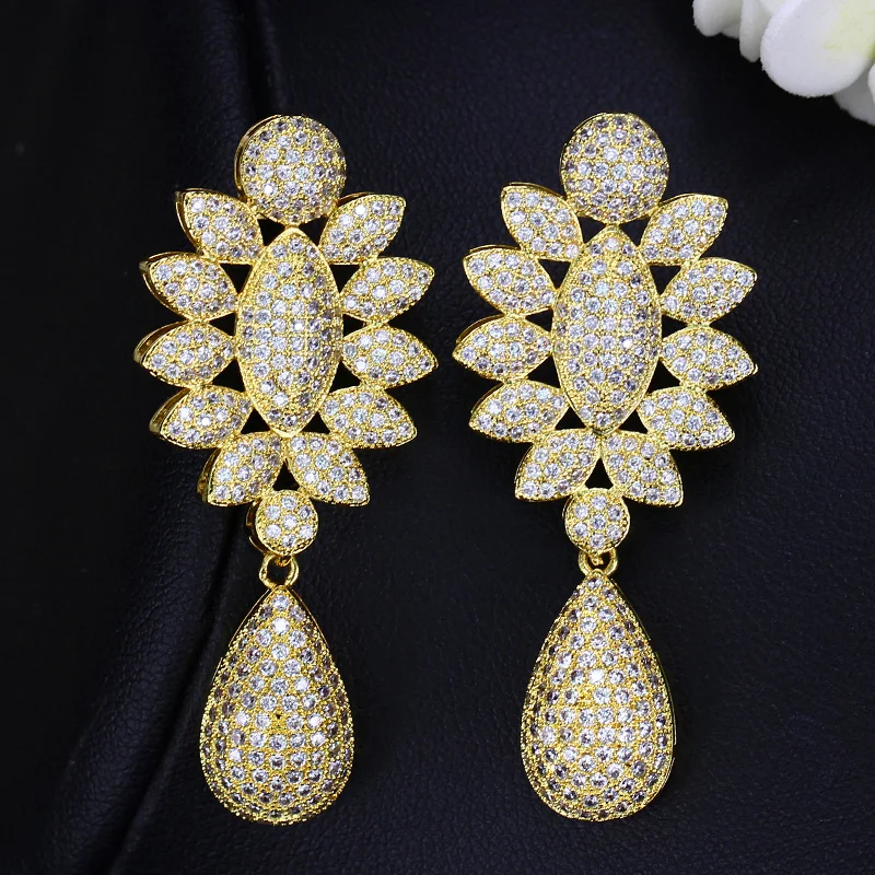 

Gold Color Earrings Luxury Micro Pave Cubic Zirconia Fashion Wedding Gold Long Earrings