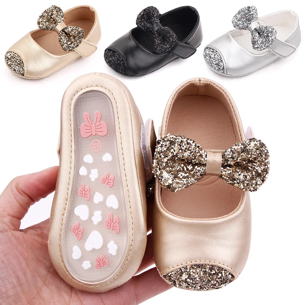 

Hot selling manufactures bow knot 0-1 years infant toddlers baby girls shoes 2020, Golden/black/silver