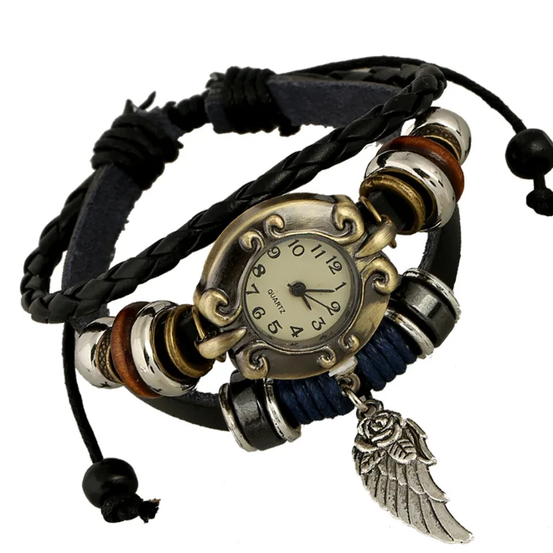 

Vintage Fashion Braided Leather Watches With Bracelet Charms Pendant Wrist Watches For Women