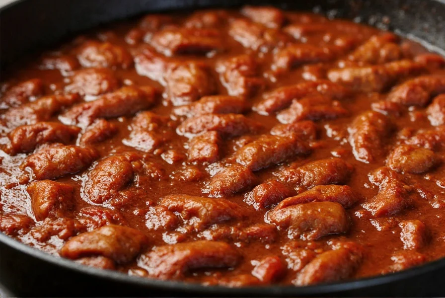Close-up of sizzling carnivore chili in cast iron pot showing rich brown meat chunks and rendered fat