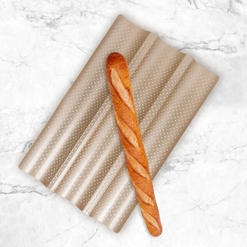 

French Baguette Mold with Stomata Punched Bakeware Pan Carbon Steel Baking Tray, Gold/black