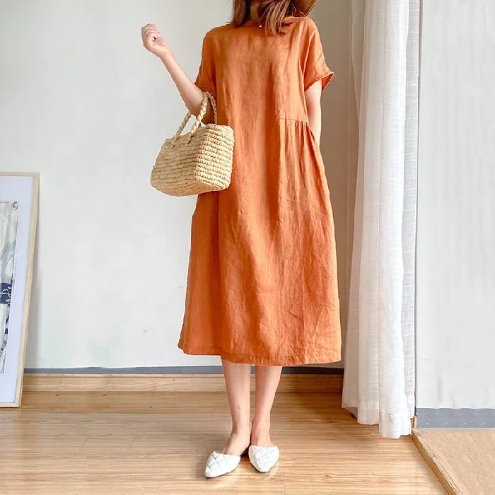 

Popular simple literary style summer fat mm medium length skirt loose women's dress