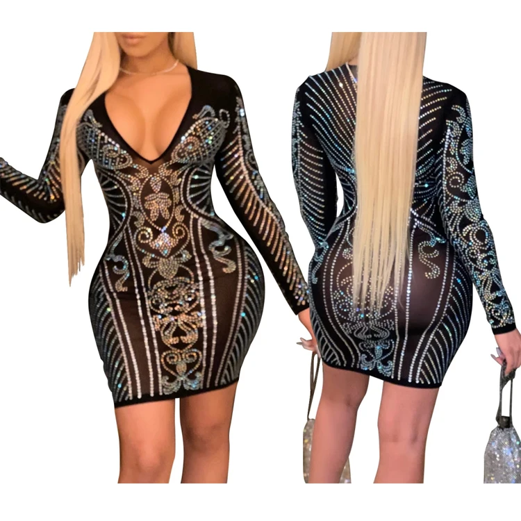 

2021 High quality Garment Long Sleeve Sequins plunge Split Plus Size Dress Women Clothing XX_H3371