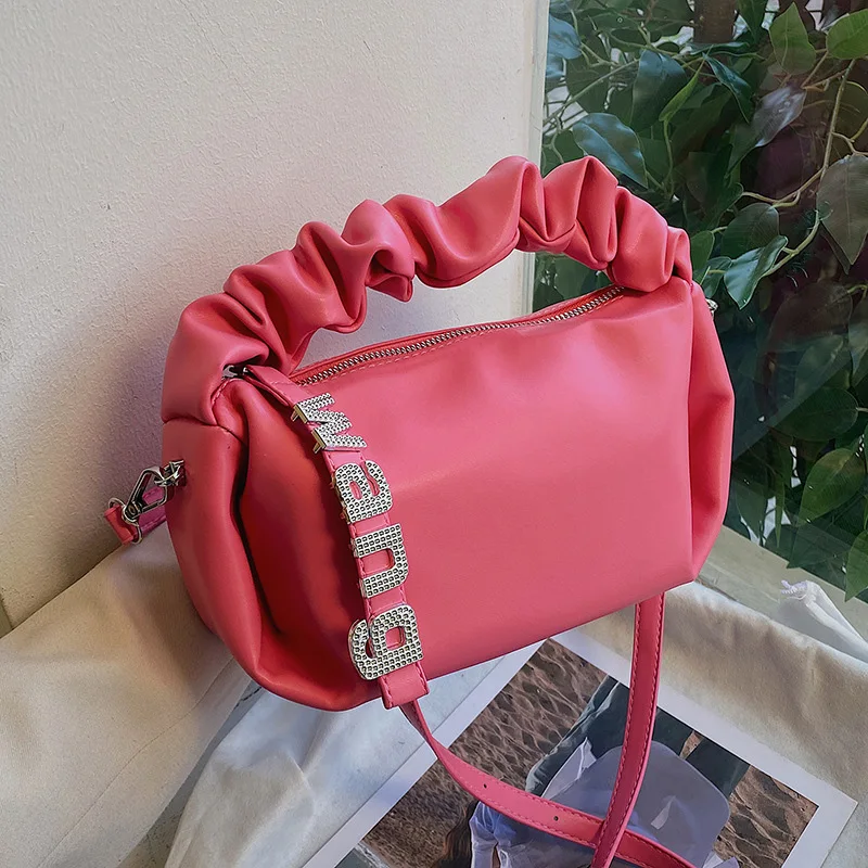 

2022 candy color PU leather mini bag pleated handle ladies hand bags shoulder messenger purse for women with rhinestone