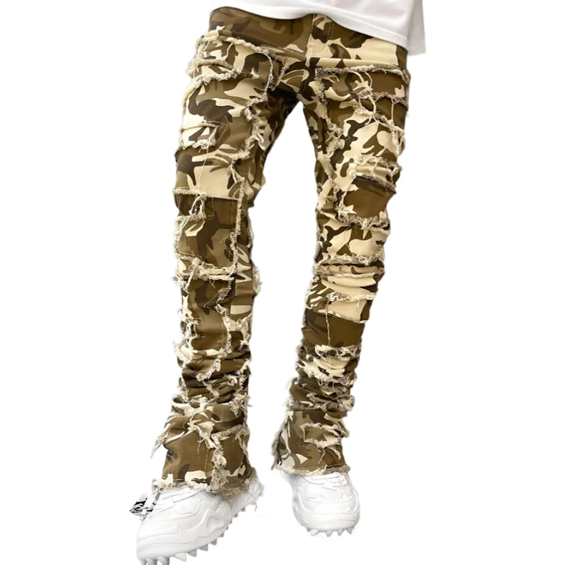 KY Raw Edge Skinny Fitted Washed Raw Edge Distressed Flared Camo Stacked Pants Men