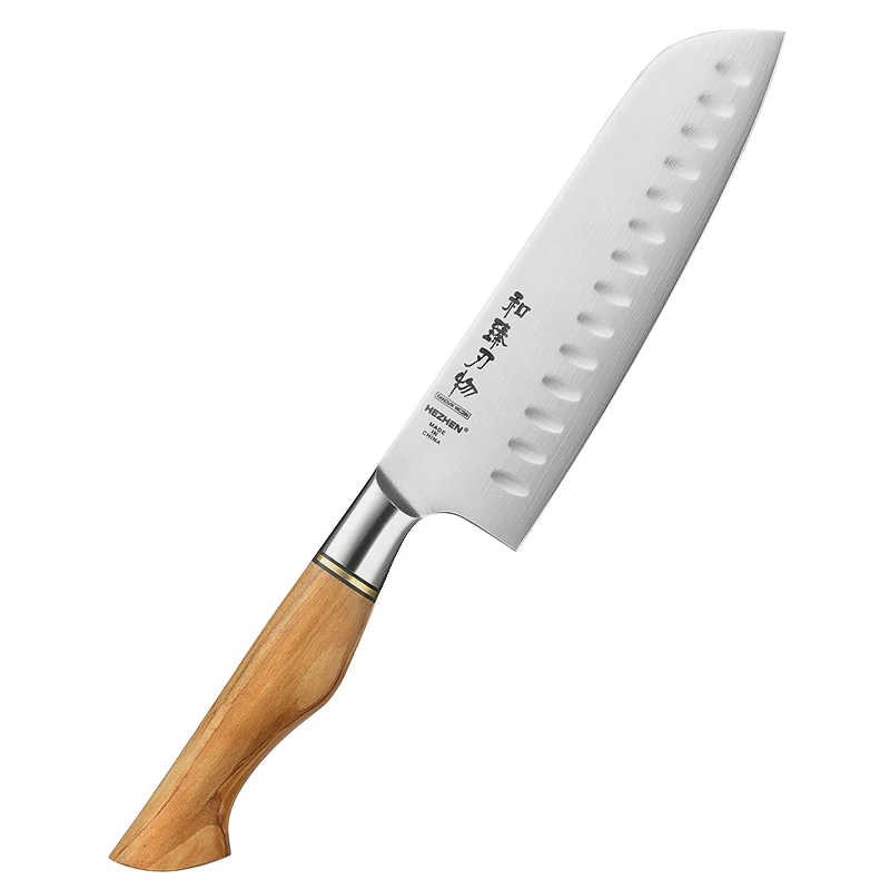 

Handmade Sandvik 14C28N stainless carbon steel kitchen Santoku knife with nature Olive wood handle