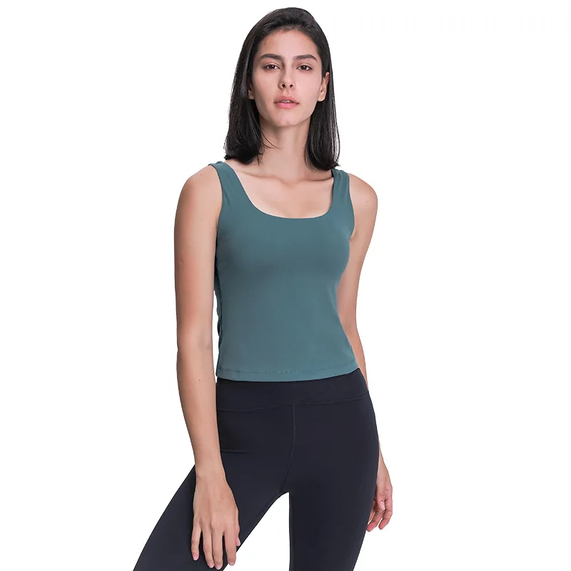 

2022 spring summer new solid color simple yoga vest with removable chest pads deep U beauty back running sports fitness tank top