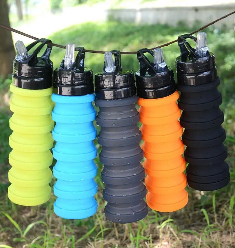 

High quality and performance silicone collapsible drinking water bottles Easy carry foldable silicone bottle, Deep blue,black,sky blue,orange and green