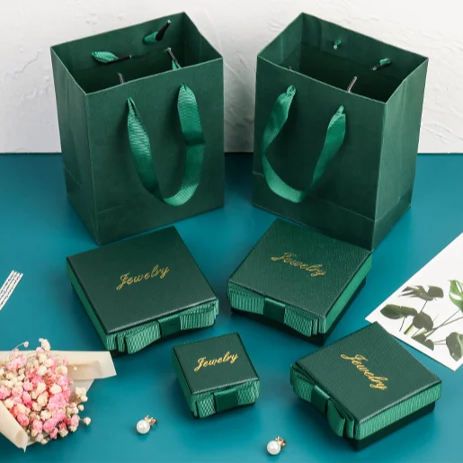 

Cheap Upper Lower Cover Design Retro Dark Green Jewelry Boxes Bowknot Packaging Paper Gift Custom Boxes