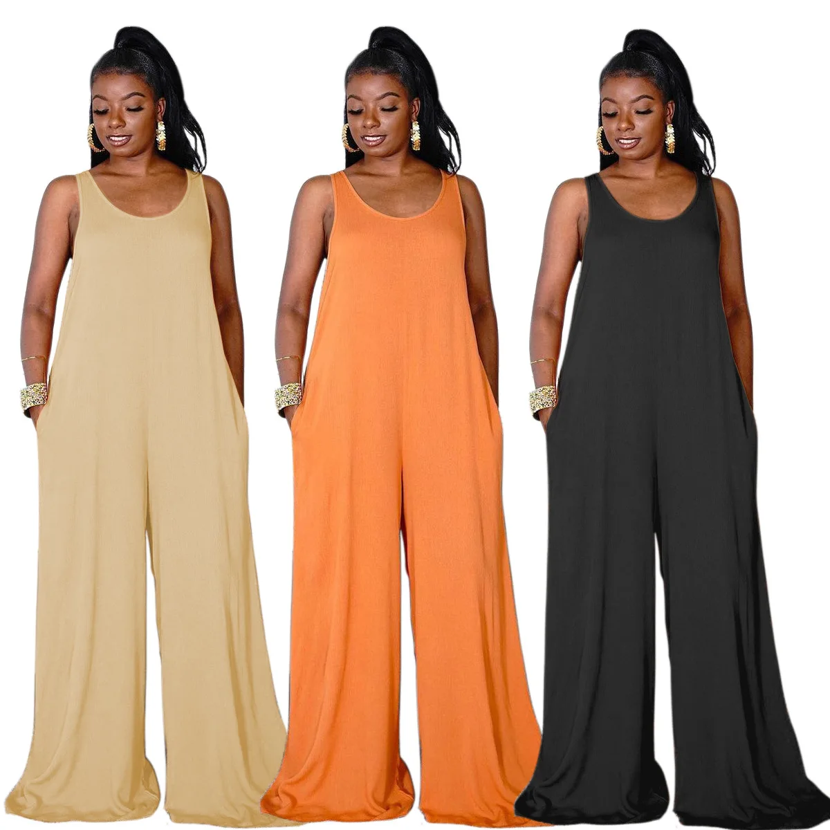 

2021 New Arrivals Fashion Women Casual O-Neck Sleeveless Wide Leg Pants Solid Loose Jumpsuit, Picture show