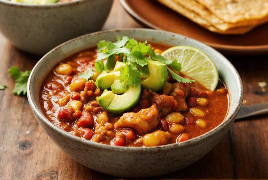 Bowl of steaming chicken taco chili topped with fresh avocado, cilantro, and a lime wedge on a wooden table