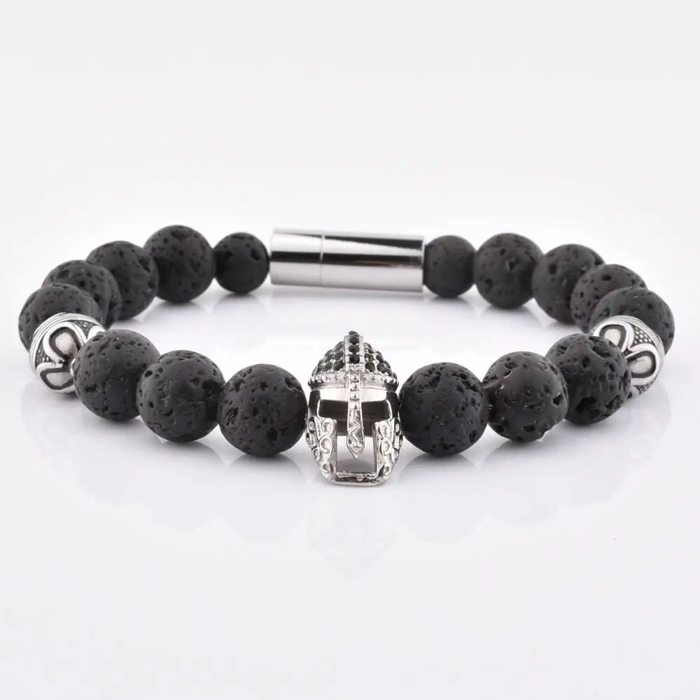 

Black Lava Stone Bead Bracelet Stainless Steel CZ Stone Soldier Bracelet With Clasp