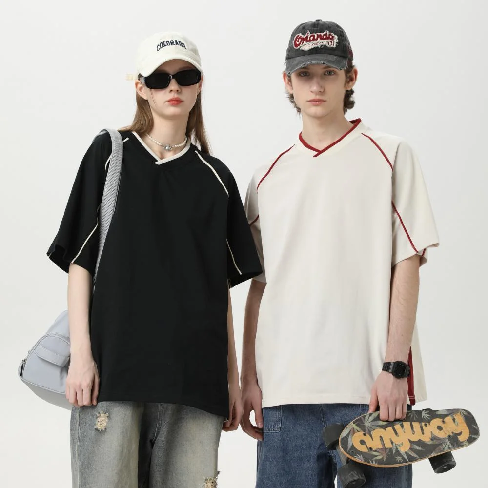 Wholesale Retro American Style 260g Short-sleeved T-shirt Contrasting Lines Brand Oversized V-neck Men's Tshirts