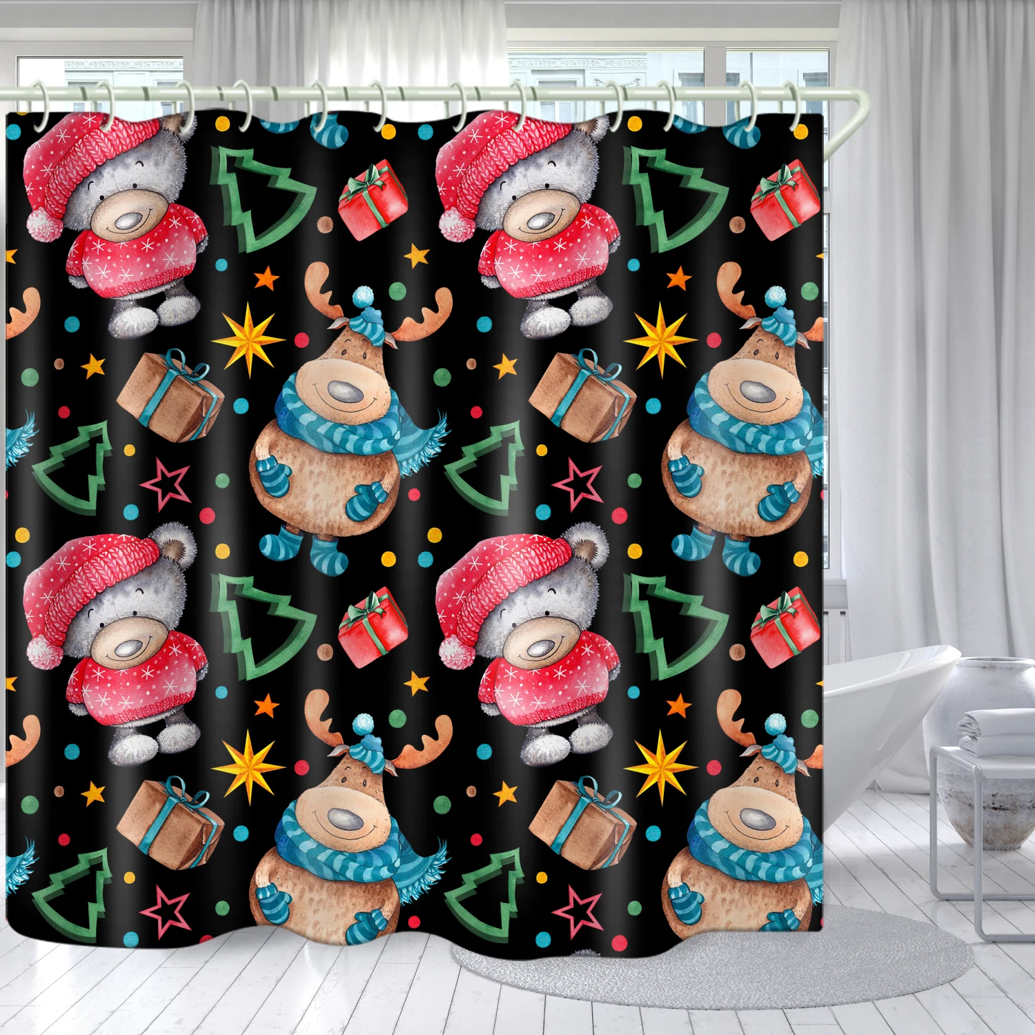 

Christmas deer theme bathroom decoration waterproof shower curtain anti-peeping curtain custom printed shower curtain, Picture