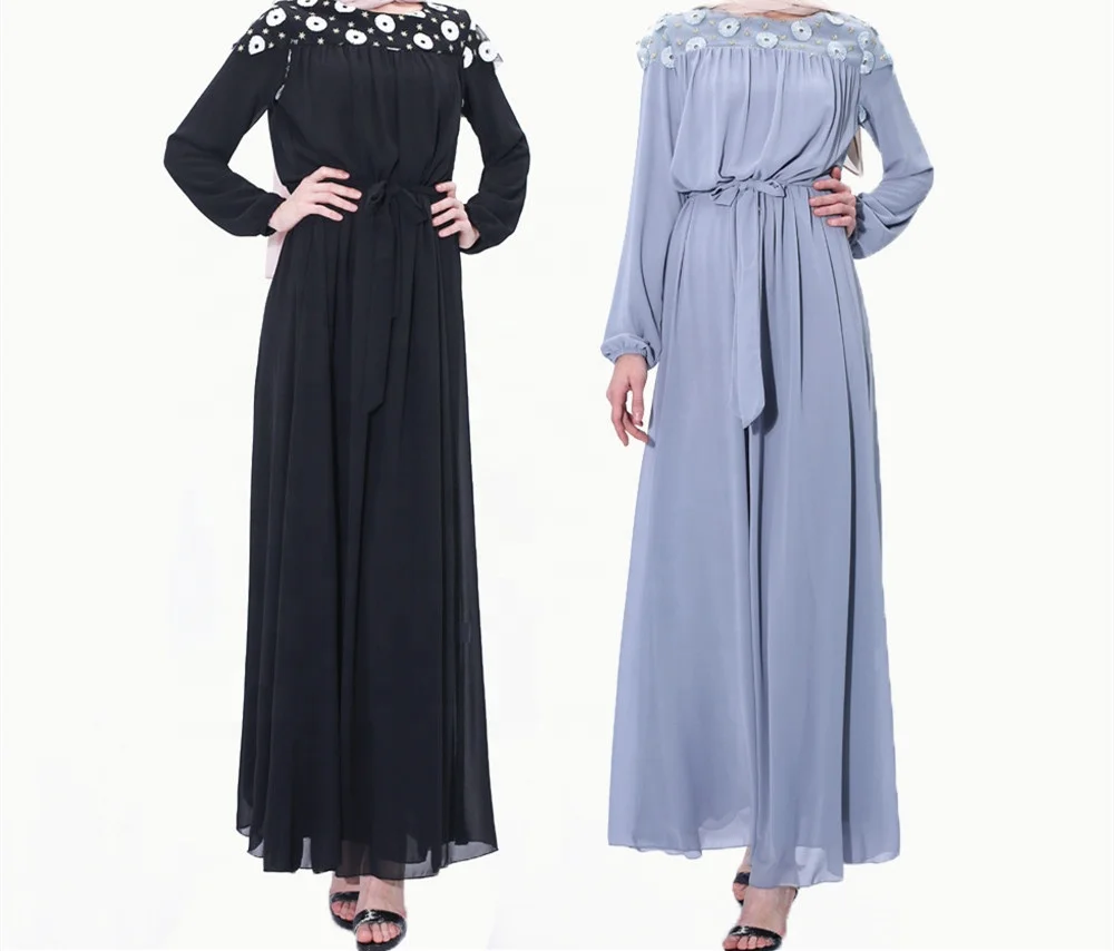 

GRATIS PENGIRIMAN 2020 Manset Elastis Bordir Kasa Kain Sifon Hitam Maxi Dress Pakaian Islamic Muslim Wanita Abaya, Blue gray,black