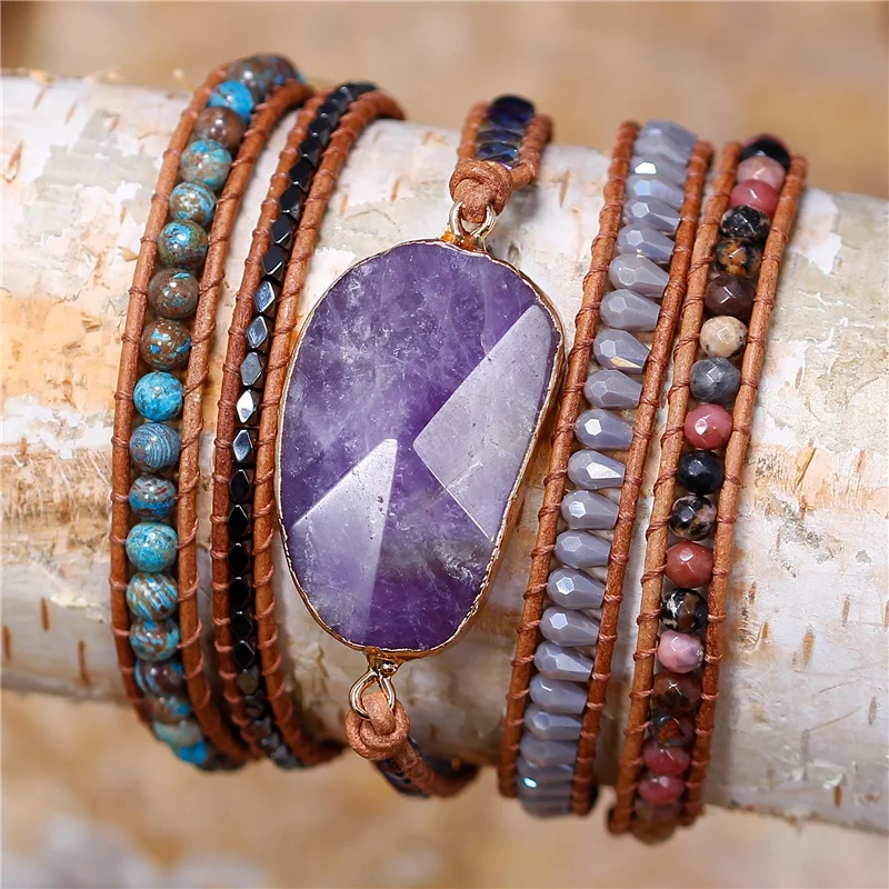 

YueTong Amethyst Beaded Leather Wrap Bracelet Natural Stone Five Layers Statement Bead Bracelet Bohemian Jewelry Dropshipping