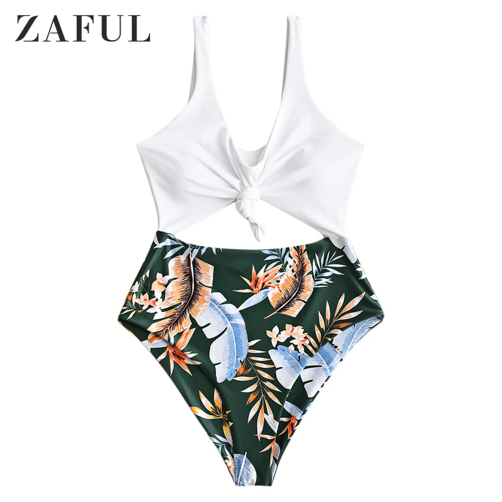 

ZAFUL Leaf Print High Waist Contrast Knotted Swimsuit swimwear beachwear sexy bikini, Medium sea green,red wine