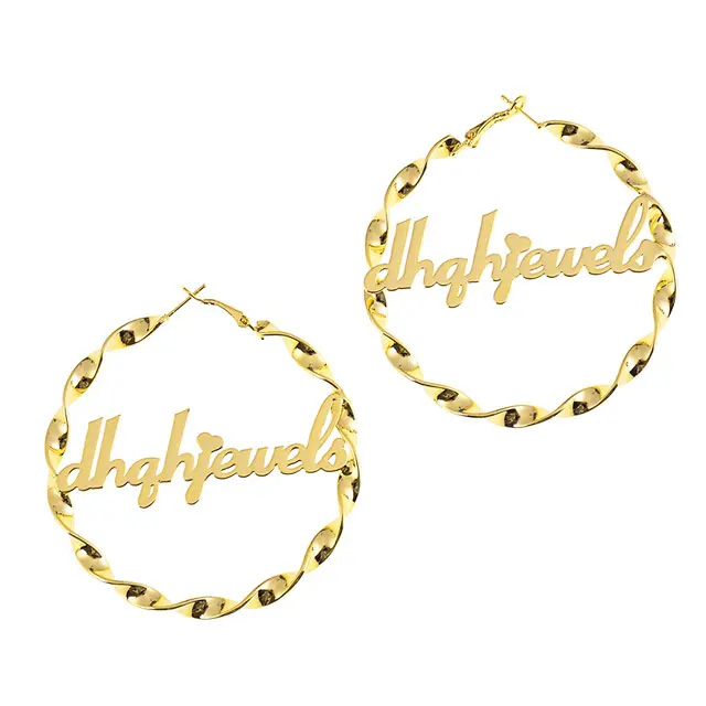 

Hot Selling Custom Name Gold Round Stainless Steel Earrings Cut Letter Diy Gift Earrings, Gold plated