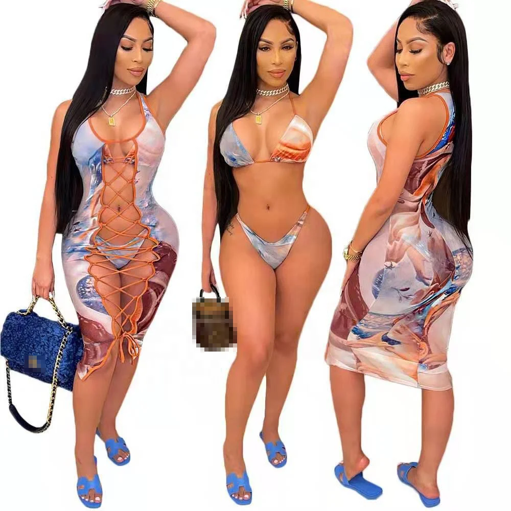 

2021 new product strap maxi dress beauty women's sexy bikini print swimsuit three piece