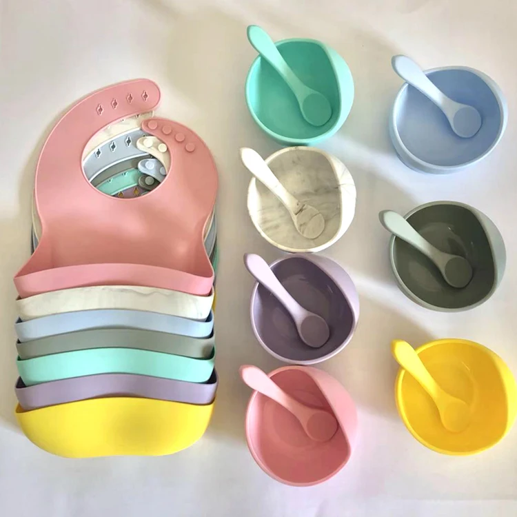 

Durable Silicone Baby Bowl Spoon Creative Design Adjustable Soft Food Grade Silicone Baby Bibs Plate Set plato silicona bebe, Customized