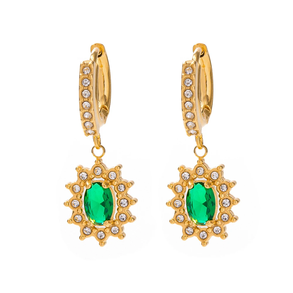 

Retro 18K Gold Plated Stainless Steel Jewelry Gift Sunflower Hoop Green Cubic Zirconia Earrings for Girls