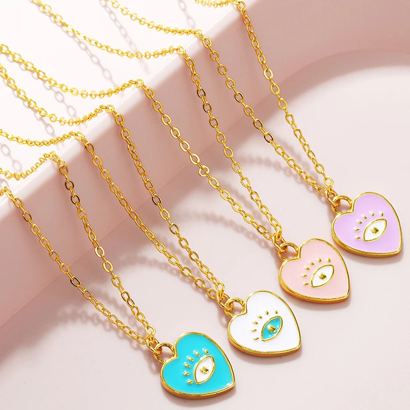 

Trendy Fashion Colorful Enamel Heart Shaped Pendant Woman Girls Turkish Hamsa Evil Eye Necklace Jewelry, Golden