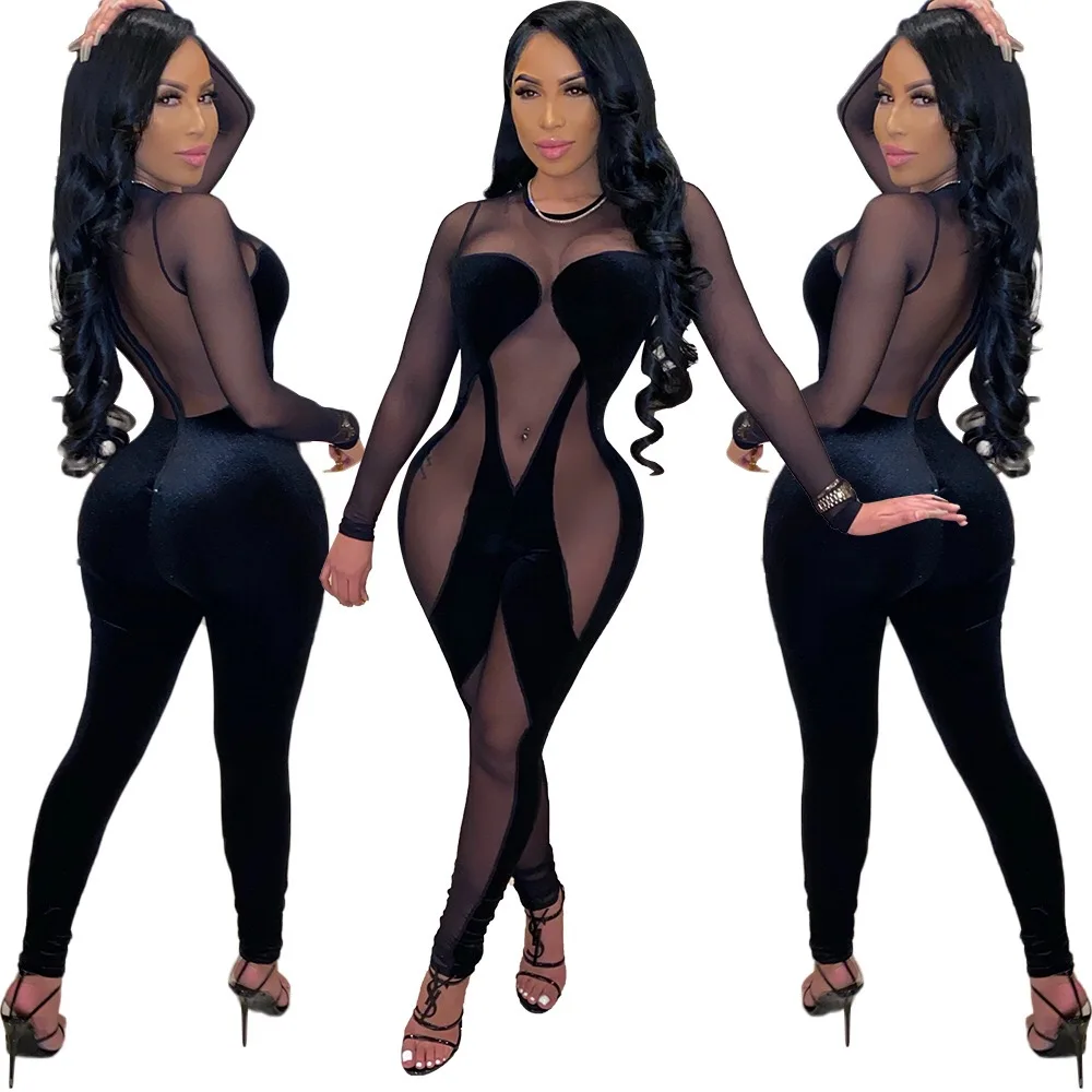 

Jumpsuit Women One Piece Sexy Party Clubwear Outfits Velvet Mesh Sheer See Through Patchwork Bodycon 2021 Rompers Overall, Black