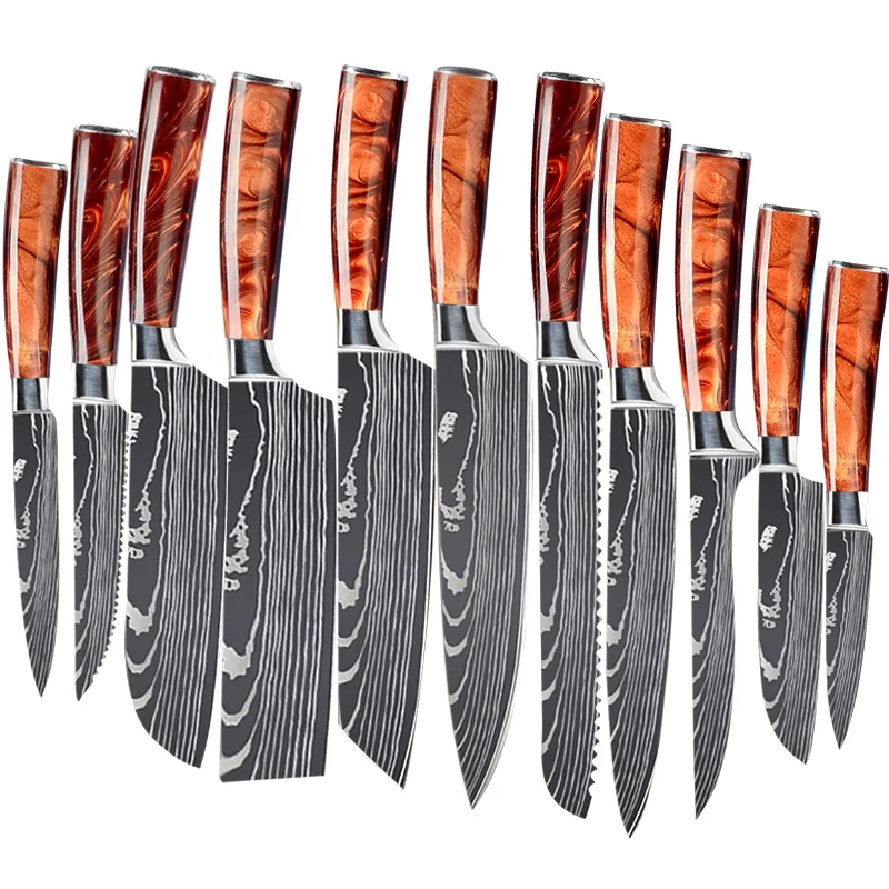

Elegant 11pcs 5Cr15mov stainless steel damascus laser pattern kitchen knives set with celluloid handle