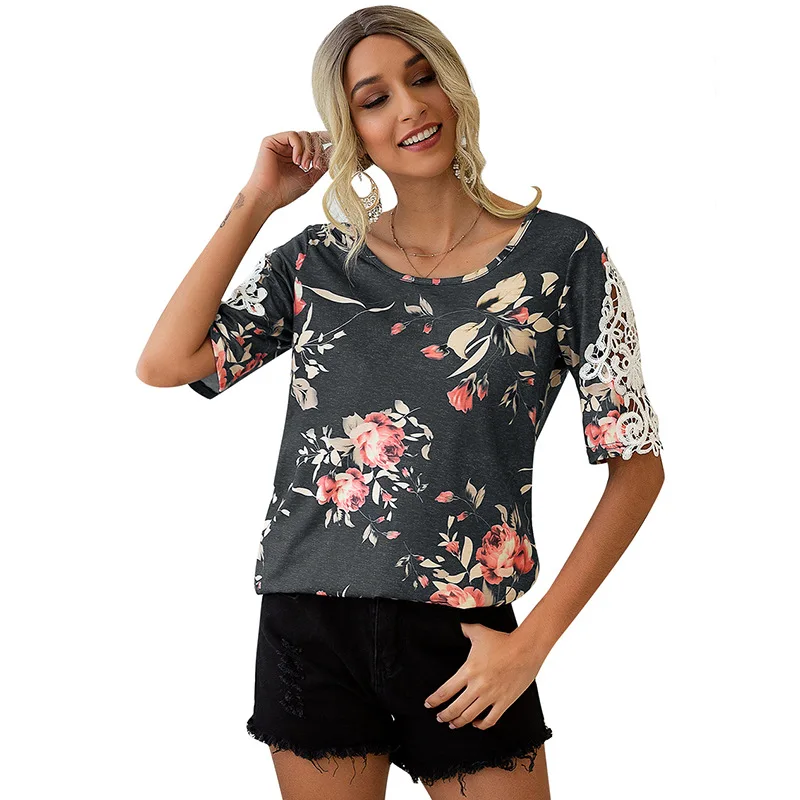 

2021 Summer Round Neck Floral T-shirts Casual Short Sleeve Printed Top Women's T-shirts Plus Size Ladies' Blouses