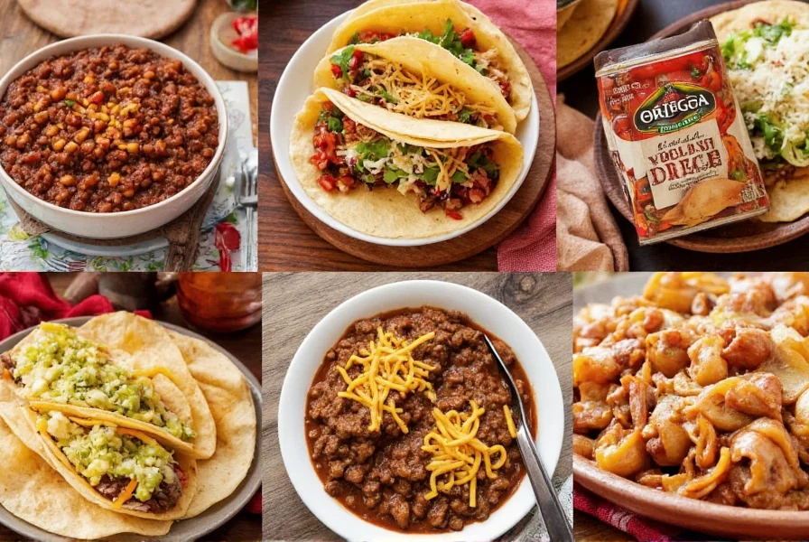 Various dishes made with Ortega chili products including chili con carne, tacos, and enchiladas