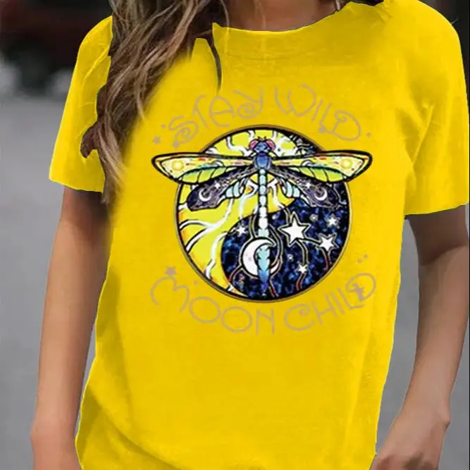 

2021 Women's Round Neck T-shirt Casual Print Short Sleeve Top, Picture color