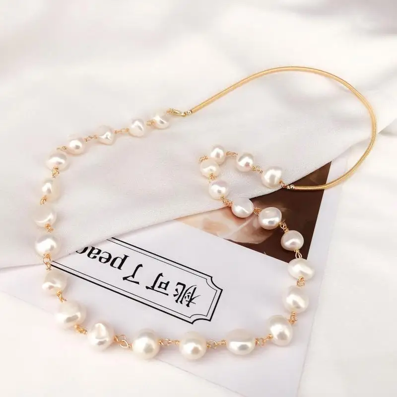 

Korean Women Charms Necklace Exquisite Handmade 14K Gold Chain Necklace Natural Freshwater Pearl Anniversary Jewelry Gift Female