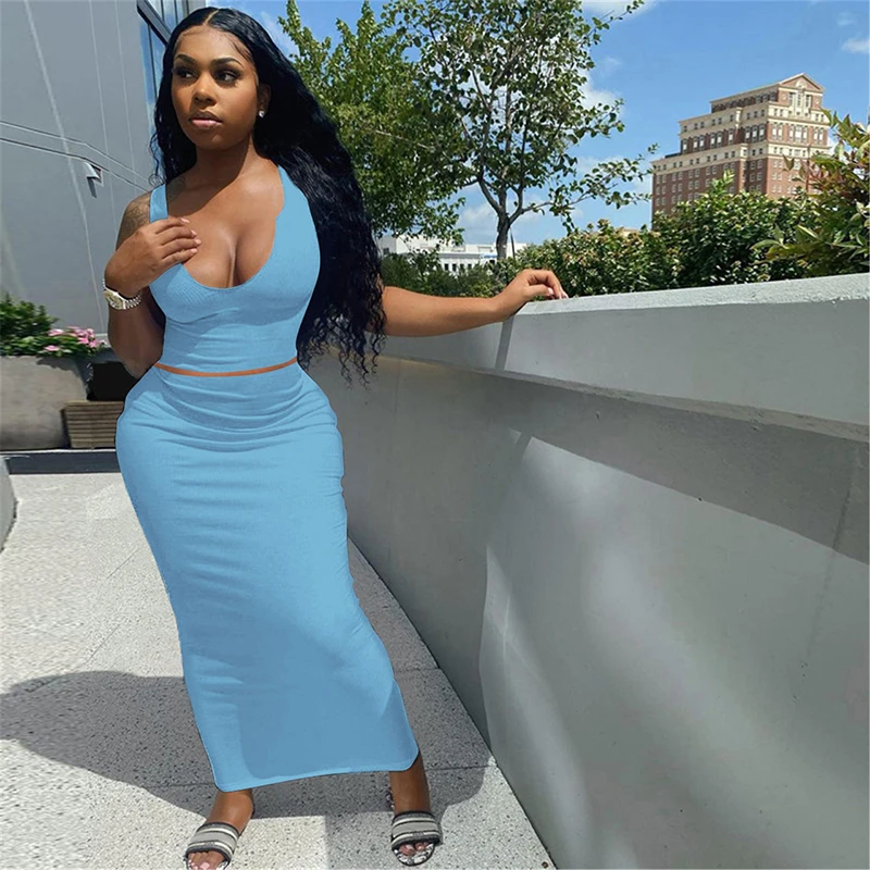 

Hot Sale Summer Outfit For Women Sexy Vneck Tops And Half Skirt Set Solid Color Women Summer Clothes 2021 Women Sets