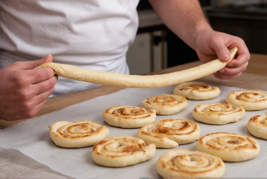 Professional baker stretching sourdough cinnamon focaccia dough to create even cinnamon swirls without tearing