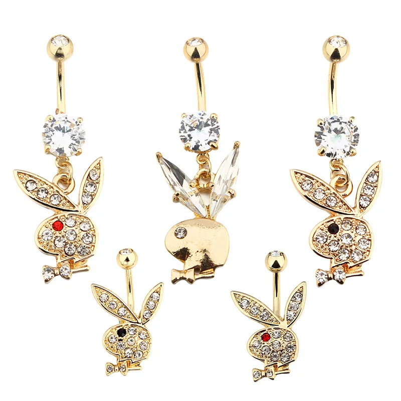 

Wholesale cute Bunny belly button ring navel belly rings zircon diamond rabbit head stainless steel body piercing jewelry