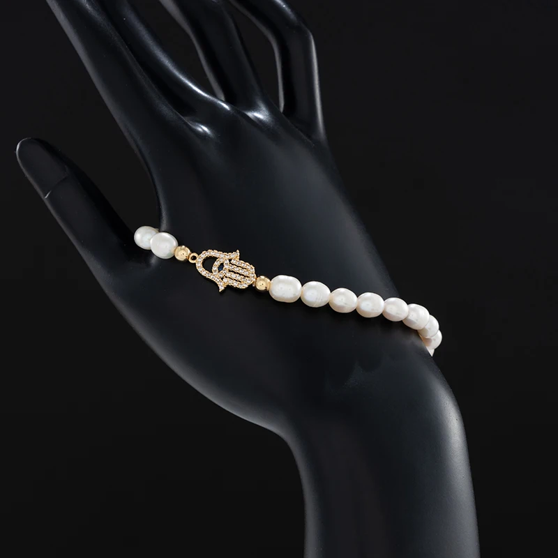 

White bracelets pearl jewelry, Hand of Fatima Natural pearl stretch Handmade Turkish blue eyes beaded bracelet, Muti