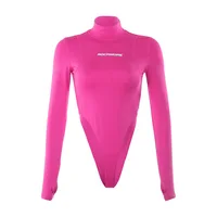 

Pink High Waist Letter Bodycon Bodysuits Women Long Sleeve High Neck Rose Red Sexy Fashion Body Ladies Basic Slim Tops