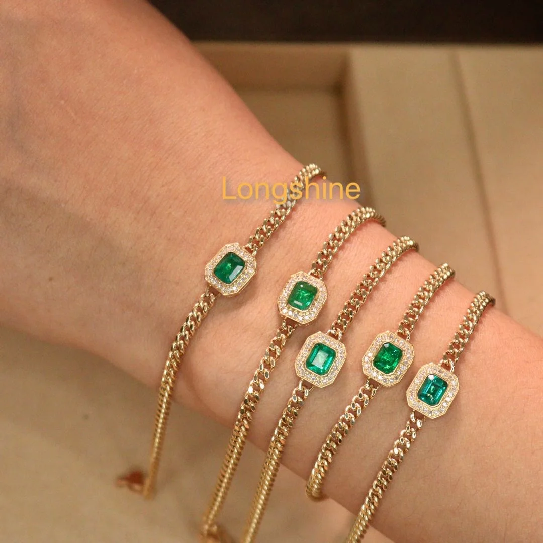 

Popular 18Karat Cuban Chain Bracelet With Natural Diamonds And Emeralds, Rose gold