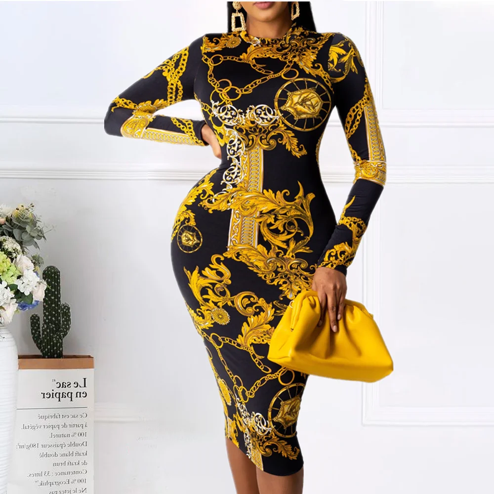 

Summer Printed Package Hip Large Size African Women Office Career Dress, Yellow