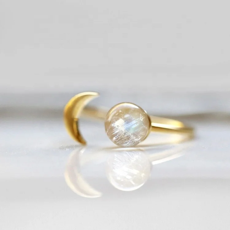 

Dainty moonstone ring 925 sterling silver open natural rainbow moonstone ring, Golden