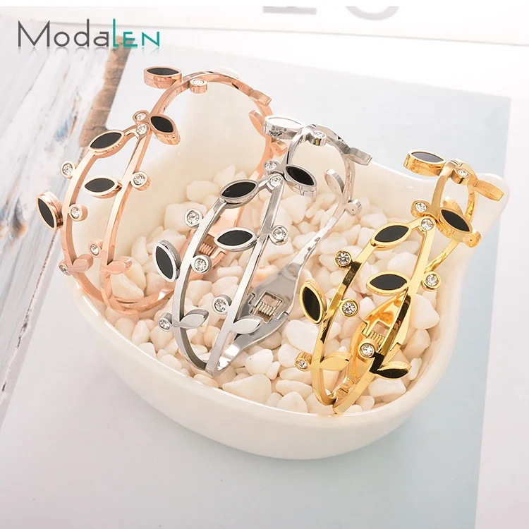 

Modalen Enamel Leaf Bracelet 24K Gold Plated Cuff Stainless Steel Custom Bangle