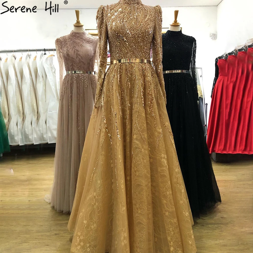 

Gold Long Sleeves A Line Muslim Evening Dresses 2021 Serene Hill LA71141 Beaded Elegant Formal Party Wear Gowns For Women