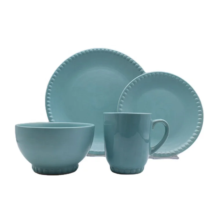 

Wholesale 16pcs Embossed Blue Tableware Stoneware Dinnerware Sets Color Glaze Ceramic Dinner Set, According to customer requirements