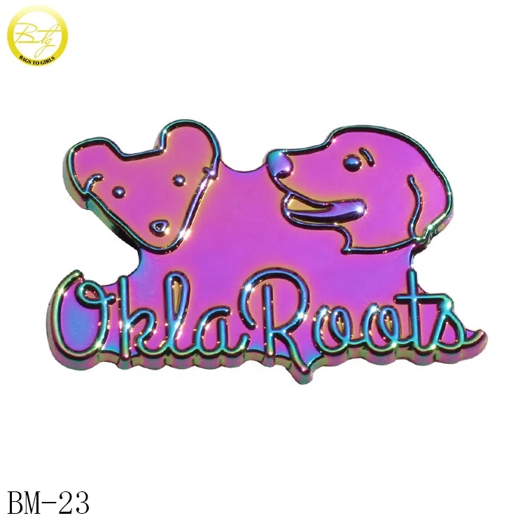 

Handbags hardware supplier customized rainbow color 3d dog logo metal name label plate for purse, Gold/nickle/gunmetal etc